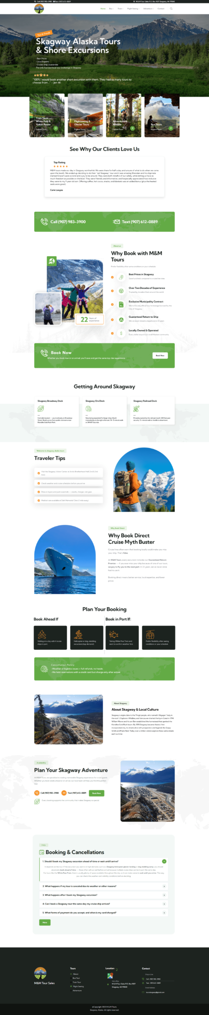 Skagway Alaska Tours website redesign showcasing modern mobile-friendly layout with vibrant imagery of Alaskan landscapes and tour options, emphasizing improved user experience and booking readiness for cruise travelers.