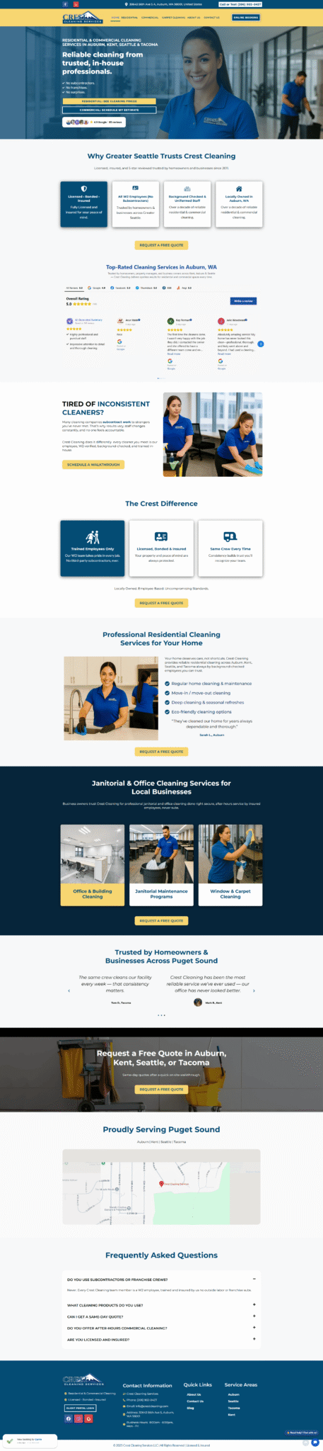 Crest Cleaning website redesign showcasing modern design and improved user experience for residential and commercial cleaning services.