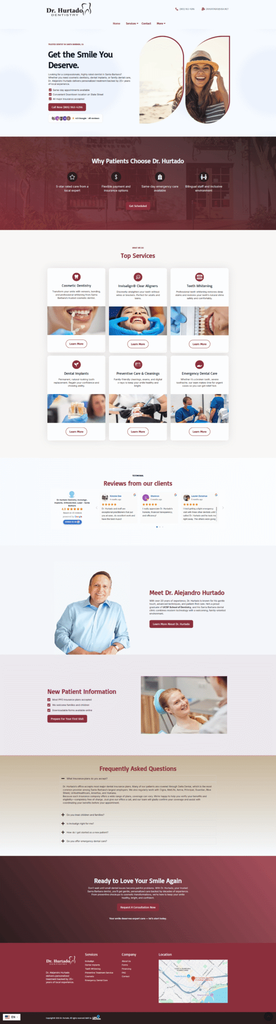 Dental practice website redesign for Dr. Hurtado Dentistry, showcasing modern aesthetics, improved mobile usability, and enhanced SEO features.
