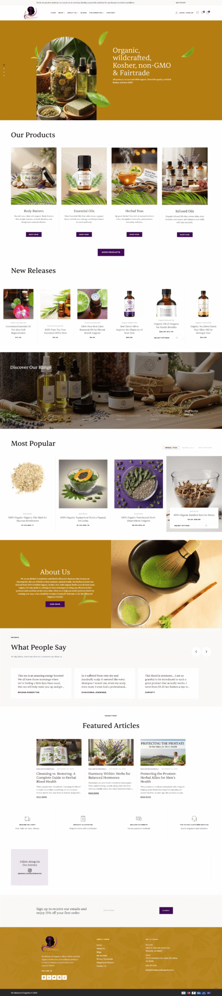 Organic, modern website design for Bio Balanced Organics showcasing product offerings, including essential oils and body butters, emphasizing usability and brand quality improvements post-redesign.
