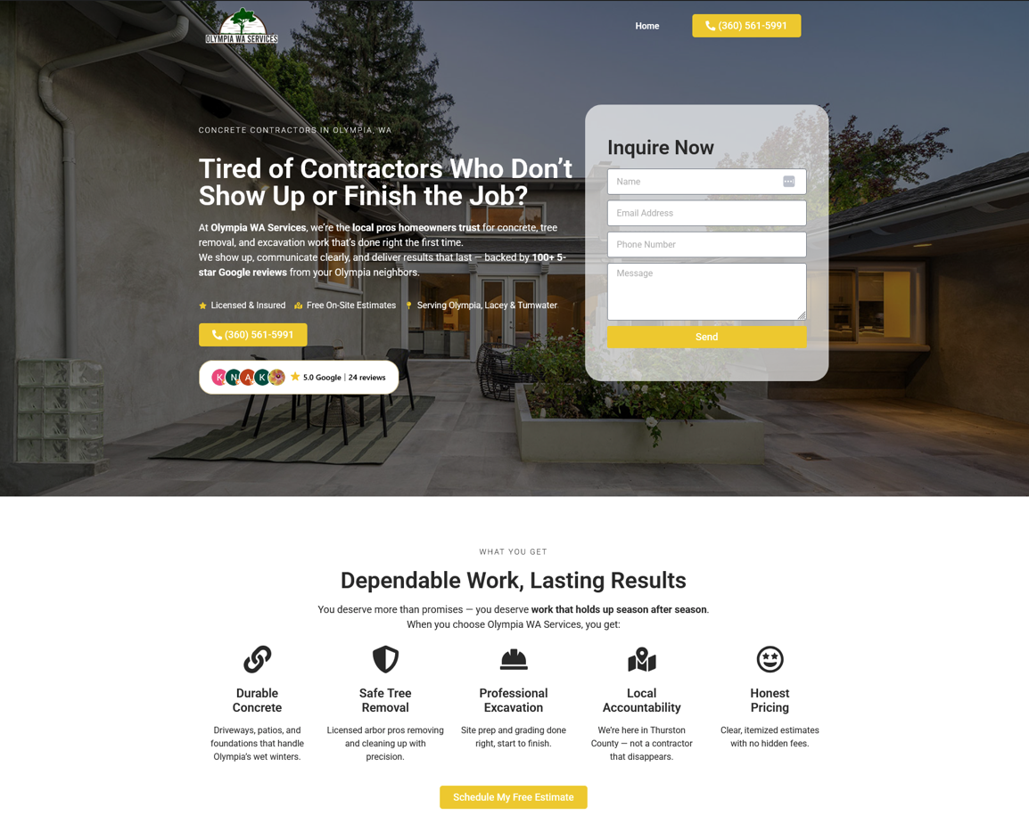 Olympia WA Services website redesign showcasing a modern, mobile-first landing page with a contact form, emphasizing concrete contracting services in Olympia, WA.