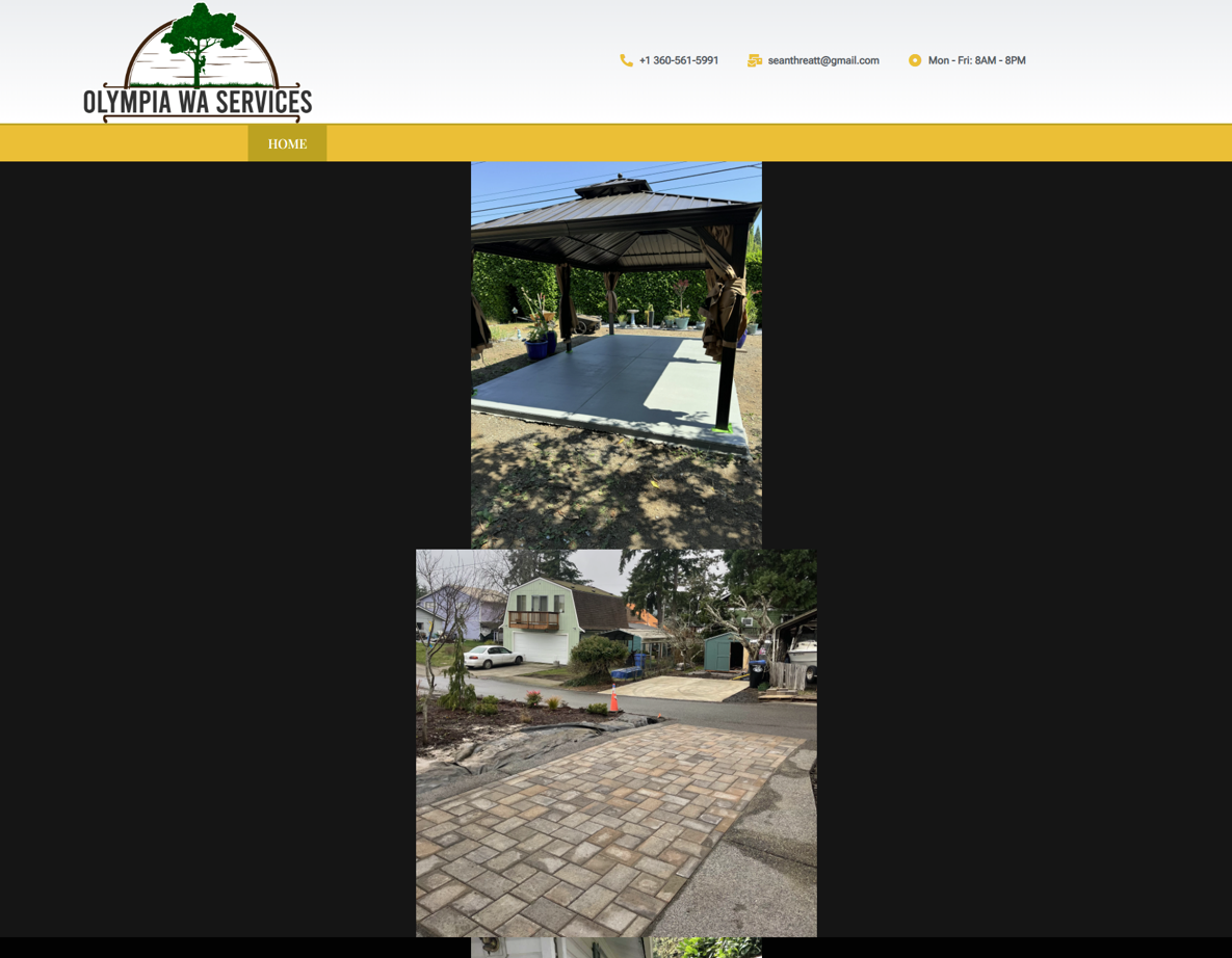 Before and after images of a redesigned outdoor space by Olympia WA Services, showcasing a newly constructed gazebo area and improved paved driveway for enhanced aesthetics and functionality.