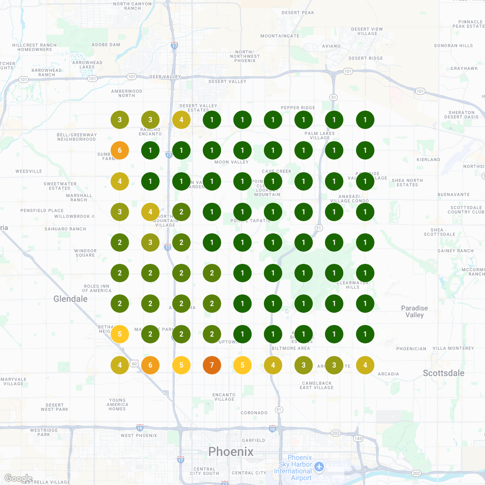 Map showing Google Maps ranking positions for a security services company in North Phoenix, with color-coded visibility from low (yellow) to high (green), indicating improved local visibility after listing cleanup.