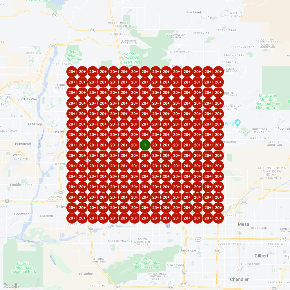 Map showing Google Maps ranking visibility for a security services company in the Phoenix Metro area, with red circles indicating average rankings in the 15–20+ range.
