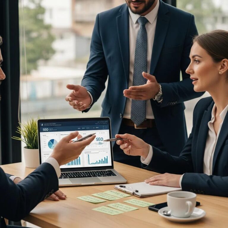Business owner consulting with an SEO expert about local SEO strategies
