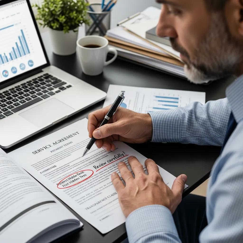 Business owner reviewing an SEO contract to ensure transparency and avoid hidden fees