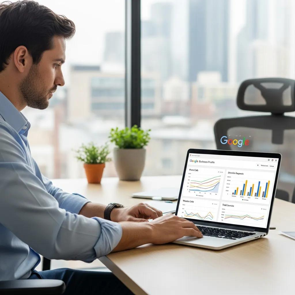 Business owner analyzing Google Business Profile insights on a laptop, focusing on performance metrics and high-intent actions for local SEO success.