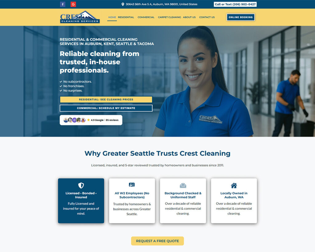 Crest Cleaning Services staff member smiling in a branded polo shirt, showcasing a modern cleaning environment, emphasizing trust and professionalism in residential and commercial cleaning.