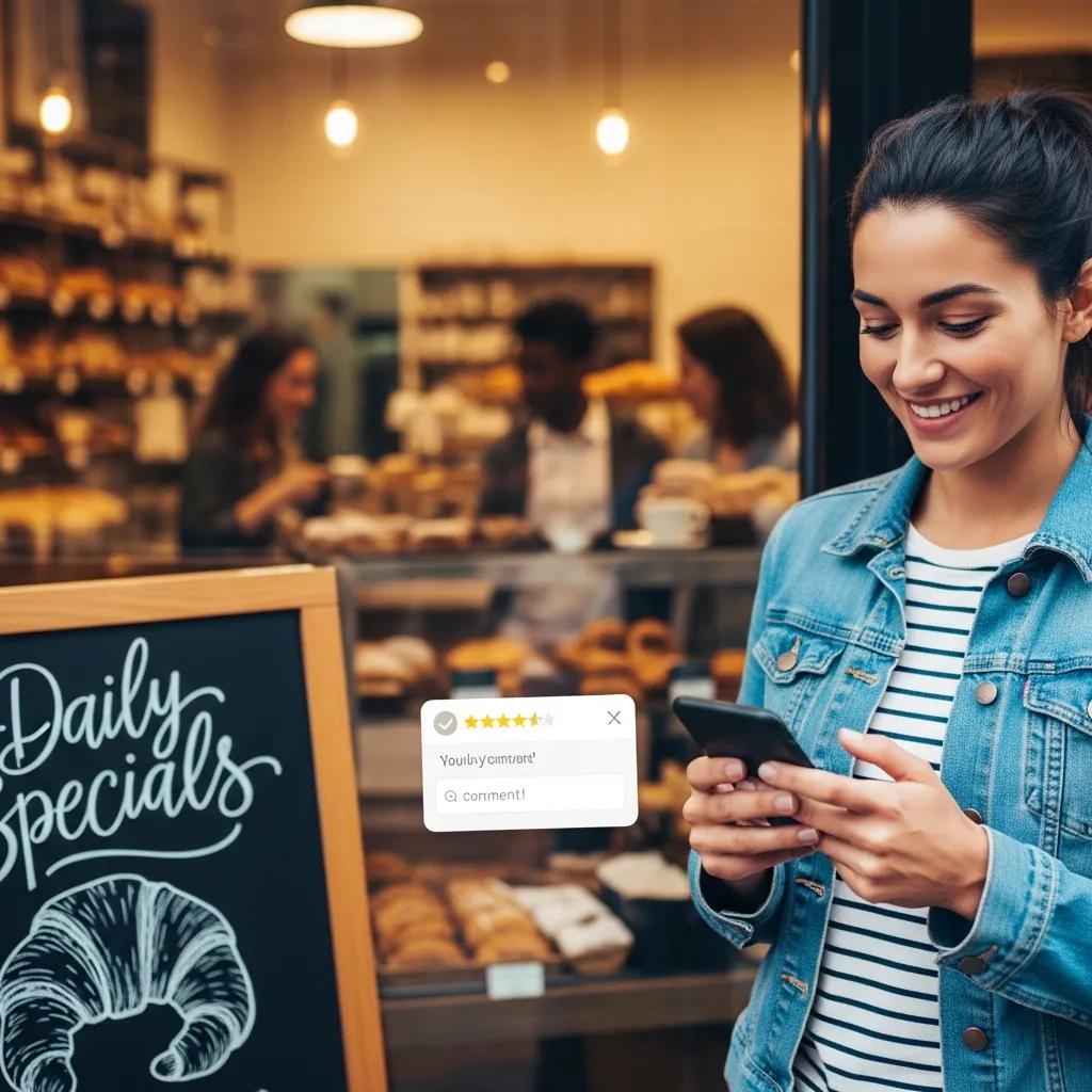 Woman smiling while using a smartphone outside a bakery, with a visible positive review prompt highlighting the importance of customer feedback in local SEO.