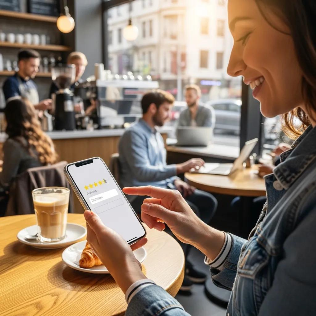 Customer leaving a positive review on a mobile device in a bustling café, highlighting the importance of customer feedback for local SEO and Google Business Profiles.