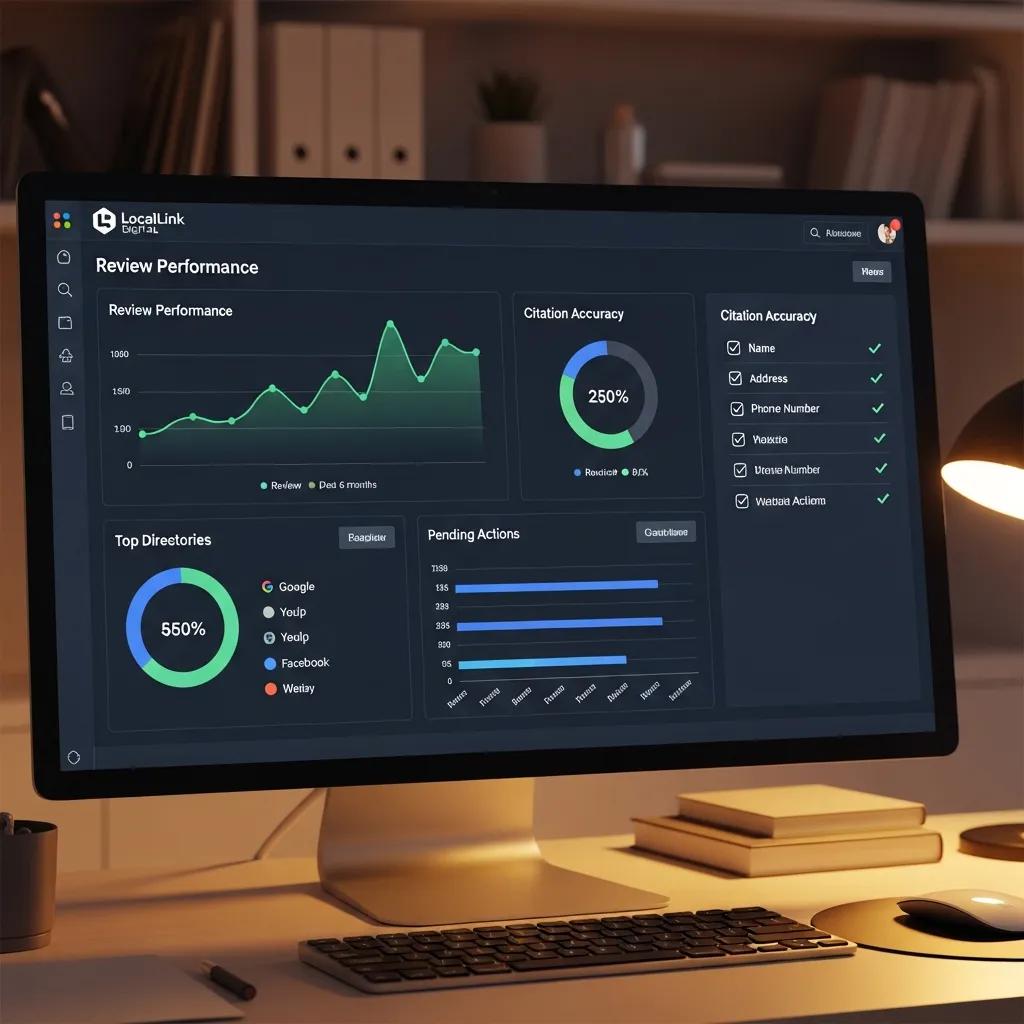 Dashboard showing citation management and reputation monitoring for local SEO