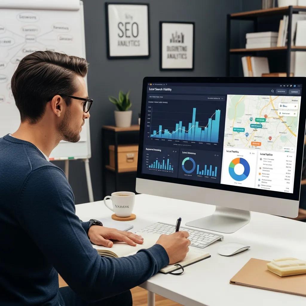 Digital marketing expert analyzing local SEO performance metrics on a computer.
