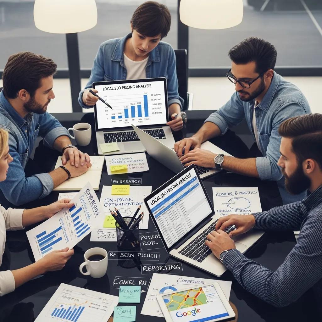 Digital marketing team discussing local SEO pricing strategies in a meeting