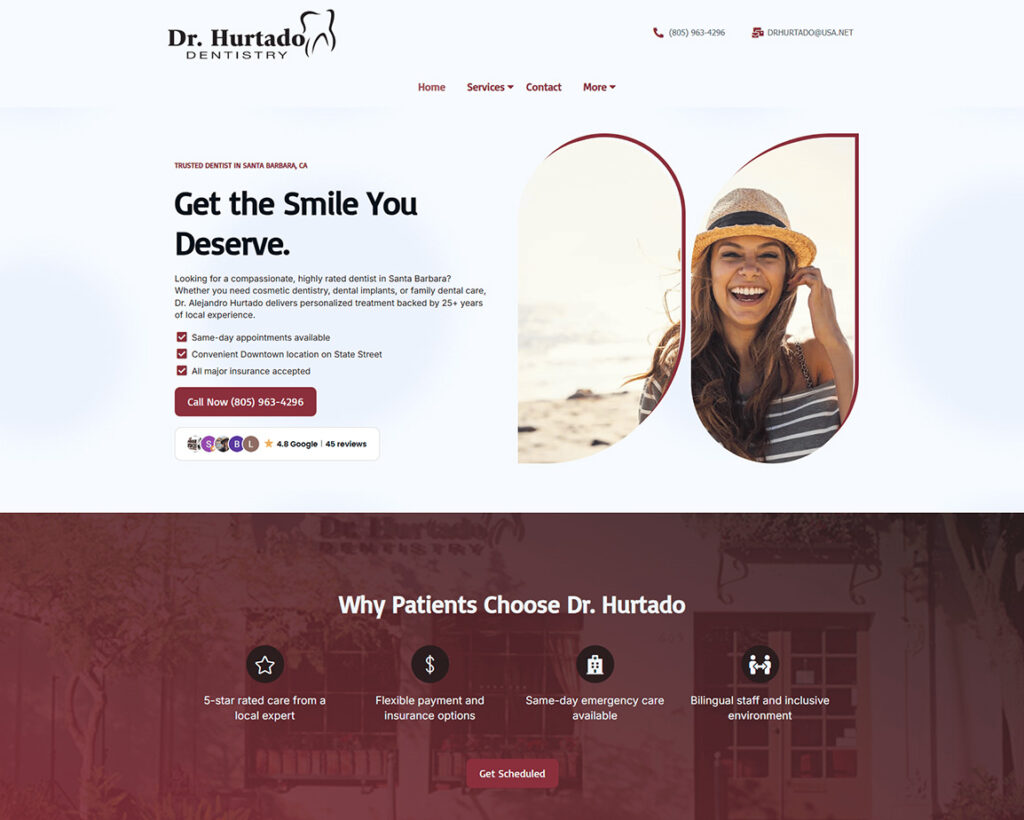 Smiling woman at the beach promoting Dr. Hurtado Dentistry, emphasizing patient-focused care and modern dental services.