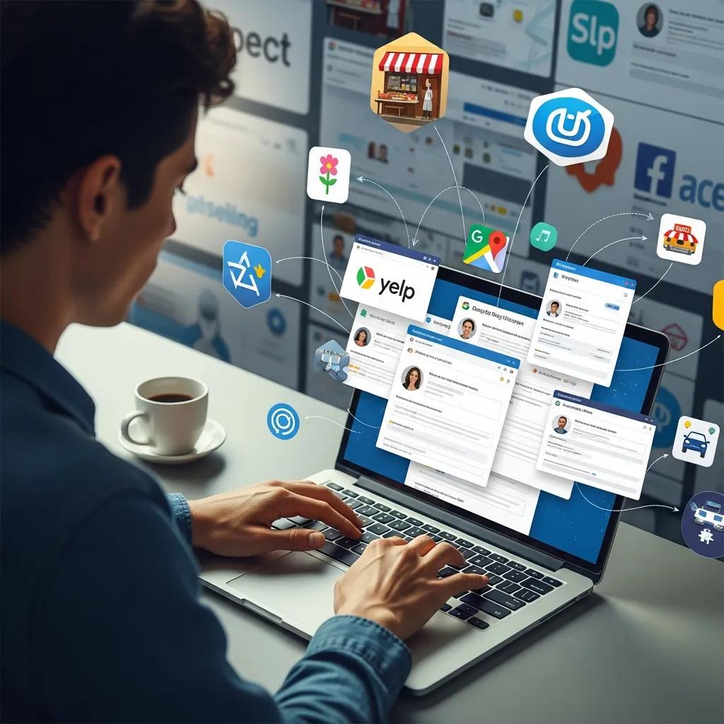 Individual creating business listings for local citation building on a laptop