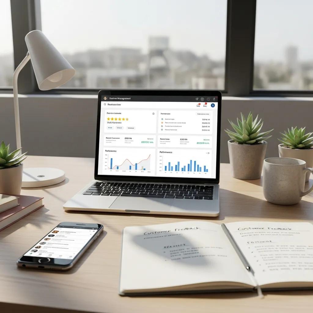 Laptop showing review management dashboard, illustrating digital tools for generating customer reviews