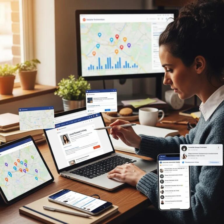 Person auditing online business listings on multiple devices, including laptop and tablet, with maps and data visualizations for NAP consistency in local SEO.