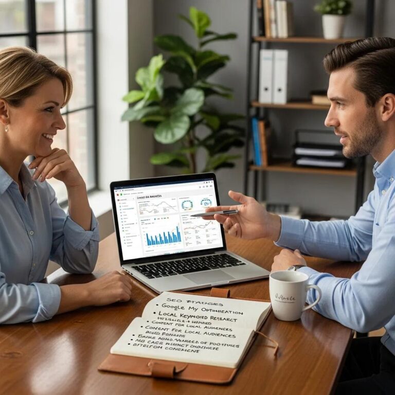 Local business owner consulting with a digital marketing expert on SEO strategies