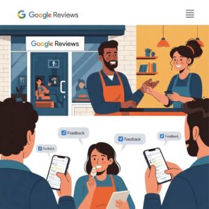Local business owner engaging with customers emphasizing Google Reviews and online feedback.