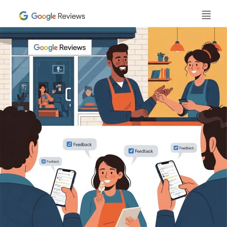 Local business owner engaging with customers, emphasizing the importance of Google reviews