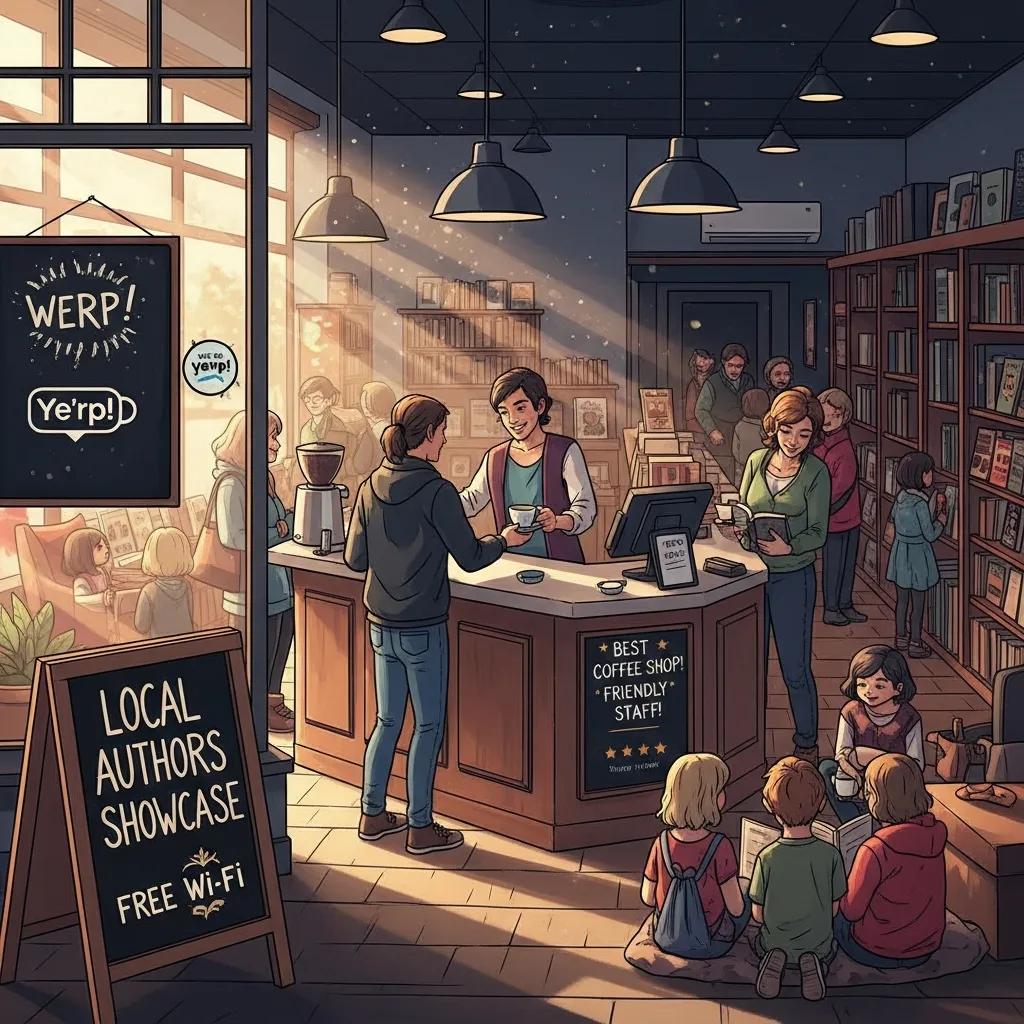 Local coffee shop with customers interacting at the counter, showcasing community engagement and the importance of local SEO for business growth, featuring a sign for a local authors showcase and children reading.