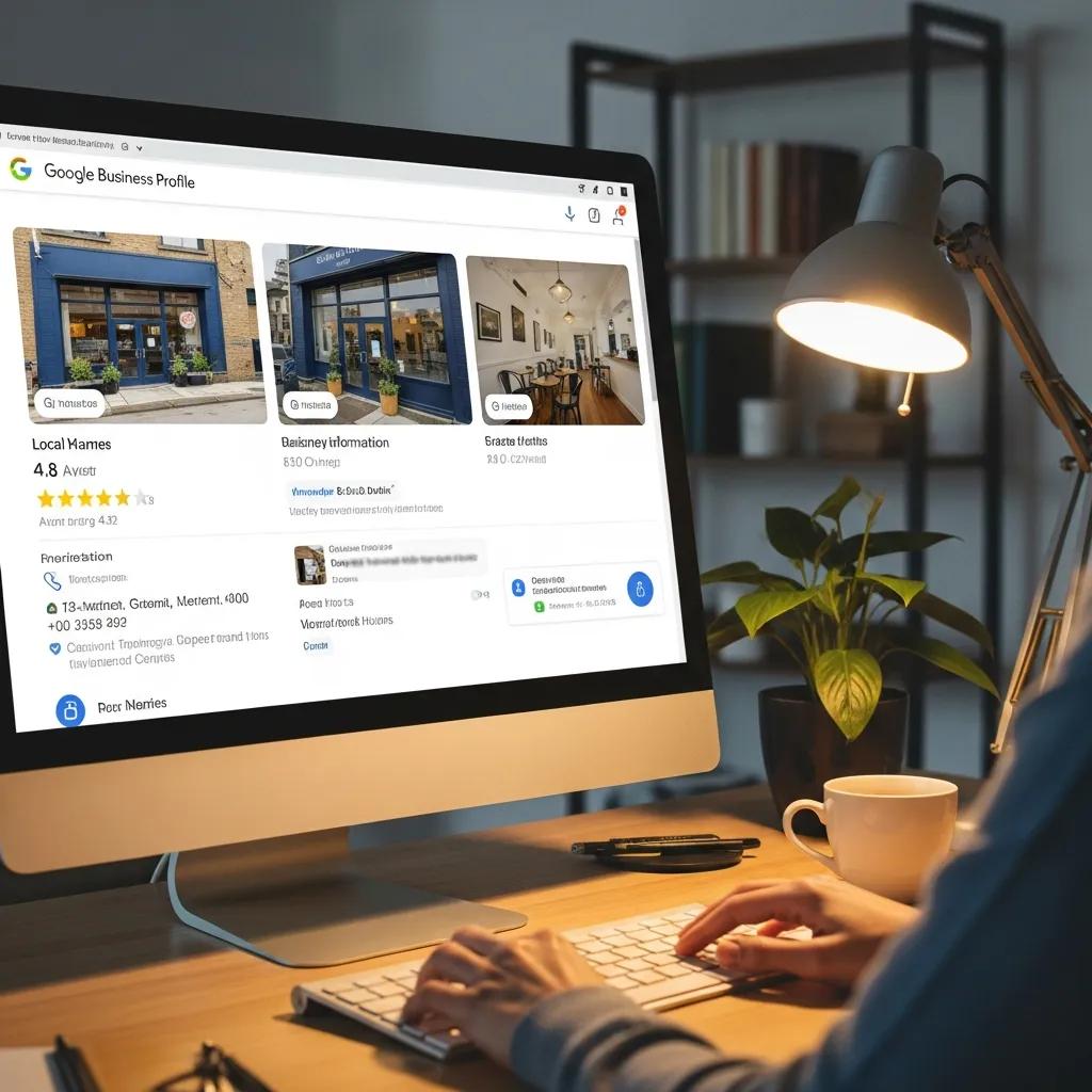 Optimized Google Business Profile on a computer screen with business details and customer reviews