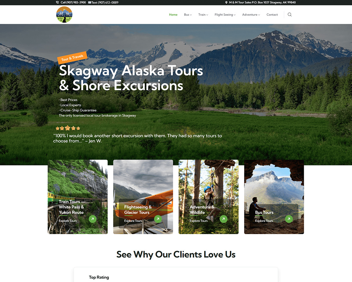 Skagway Alaska Tours website showcasing modern design with nature backdrop, highlighting tours and excursions, featuring local expertise and customer testimonials.