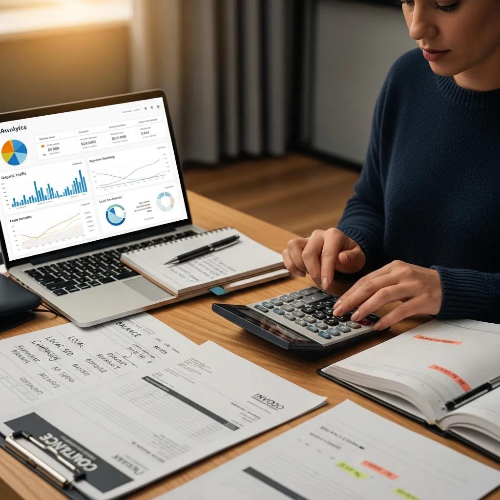 Small business owner calculating SEO budget with financial documents and laptop