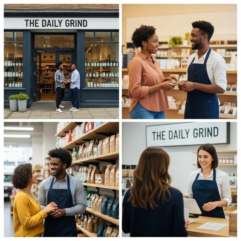 Small business owner engaging with customers in a welcoming local shop