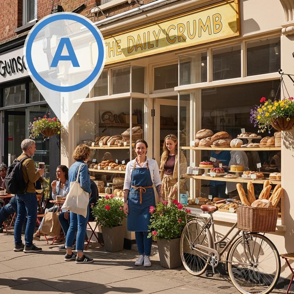 Small business owner in front of shop with Google Maps pin icon, representing local SEO strategies
