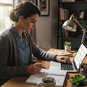 Small business owner reviewing local SEO pricing options on a laptop in a cozy office