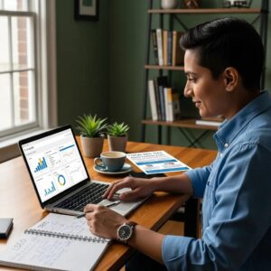 Small business owner reviewing local SEO strategies on a laptop in a cozy office