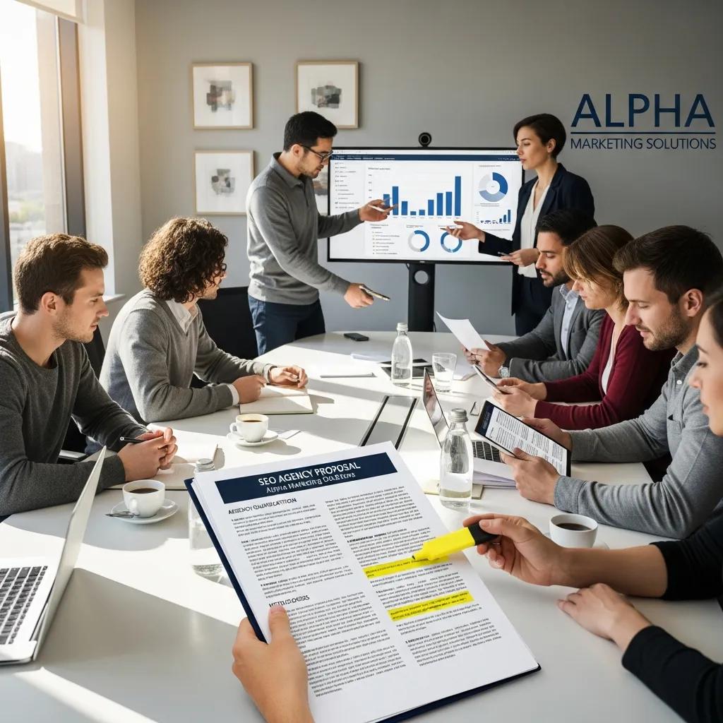 Team evaluating SEO agency proposals and qualifications in a conference room.