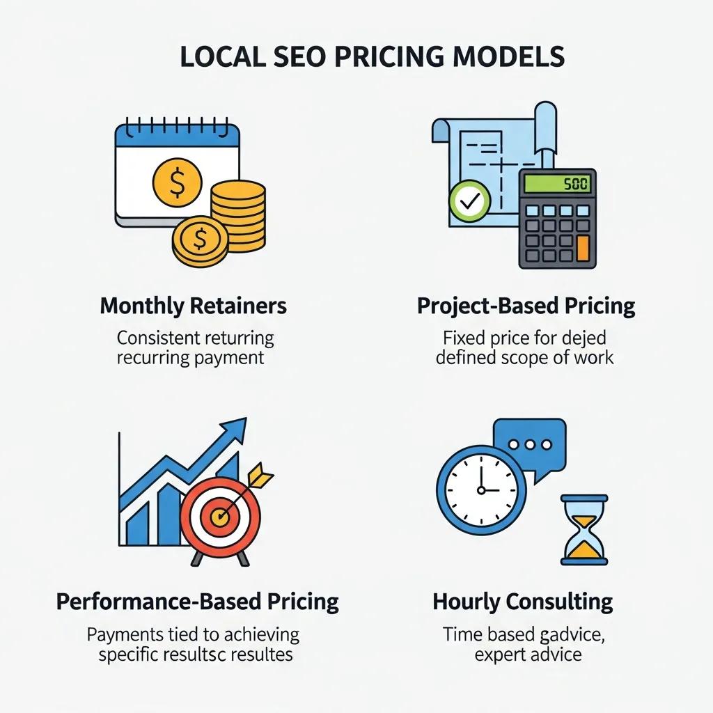 Visual representation of different local SEO pricing models including monthly retainer and performance-based pricing
