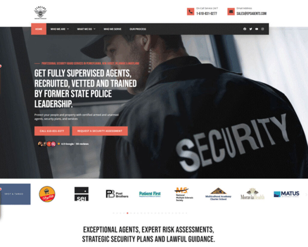 Security professional in uniform with "SECURITY" text on back, showcasing modern, professional design for a security services website.