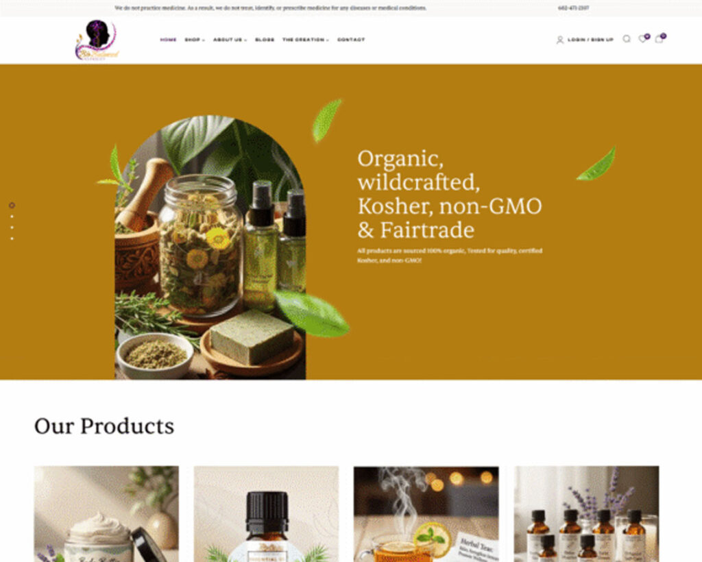 Organic herbal products display, featuring jars of herbs, essential oils, and natural ingredients on a warm-toned background, emphasizing quality and eco-friendly attributes.