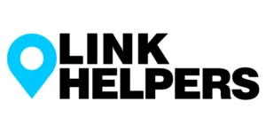 Blue location pin with the text "LINK HELPERS" in bold black letters.