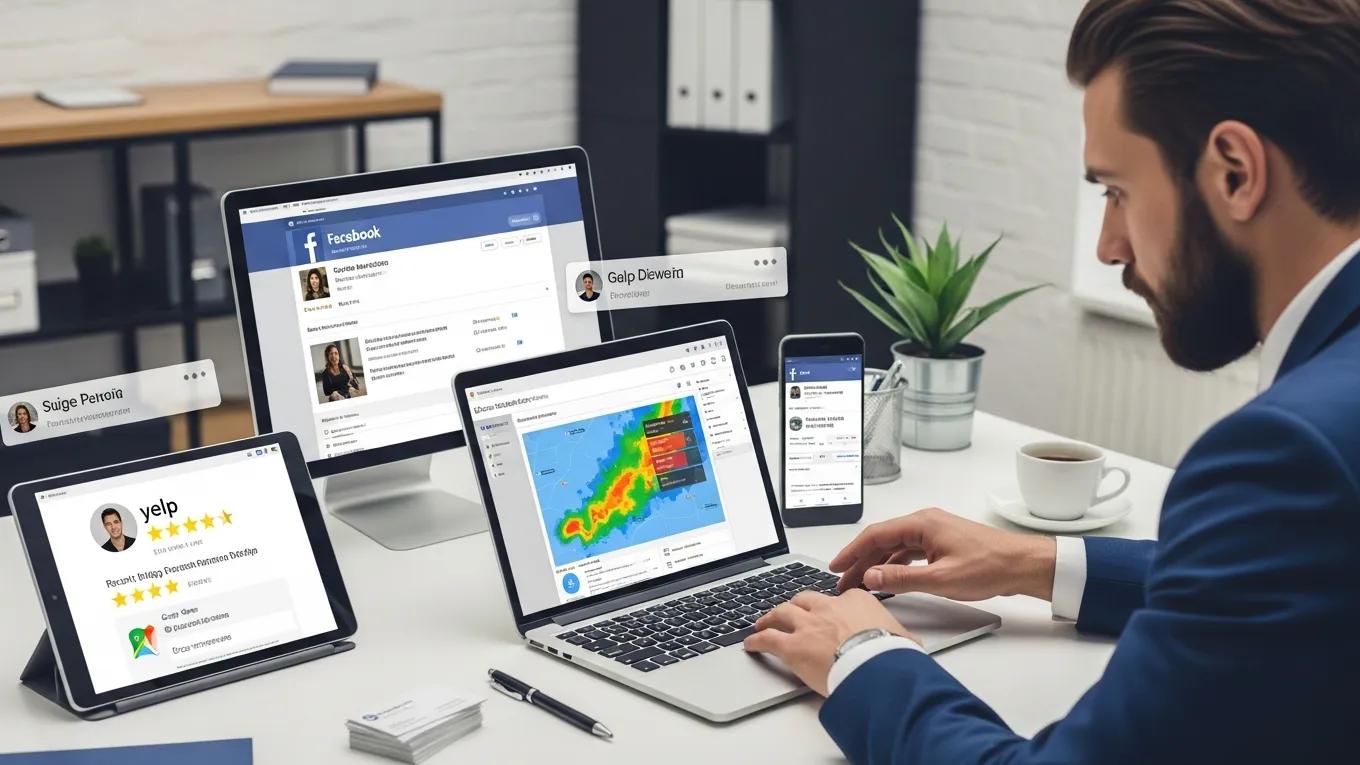 Business owner analyzing online local listings on multiple devices in a modern workspace, focusing on Yelp and Facebook profiles to manage duplicate listings and enhance local SEO.