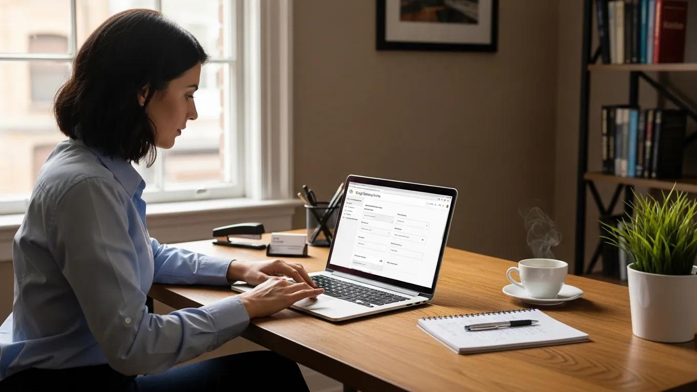 Woman optimizing Google Business Profile on laptop in professional office setting, emphasizing local SEO strategies for enhanced visibility in 'near me' searches.