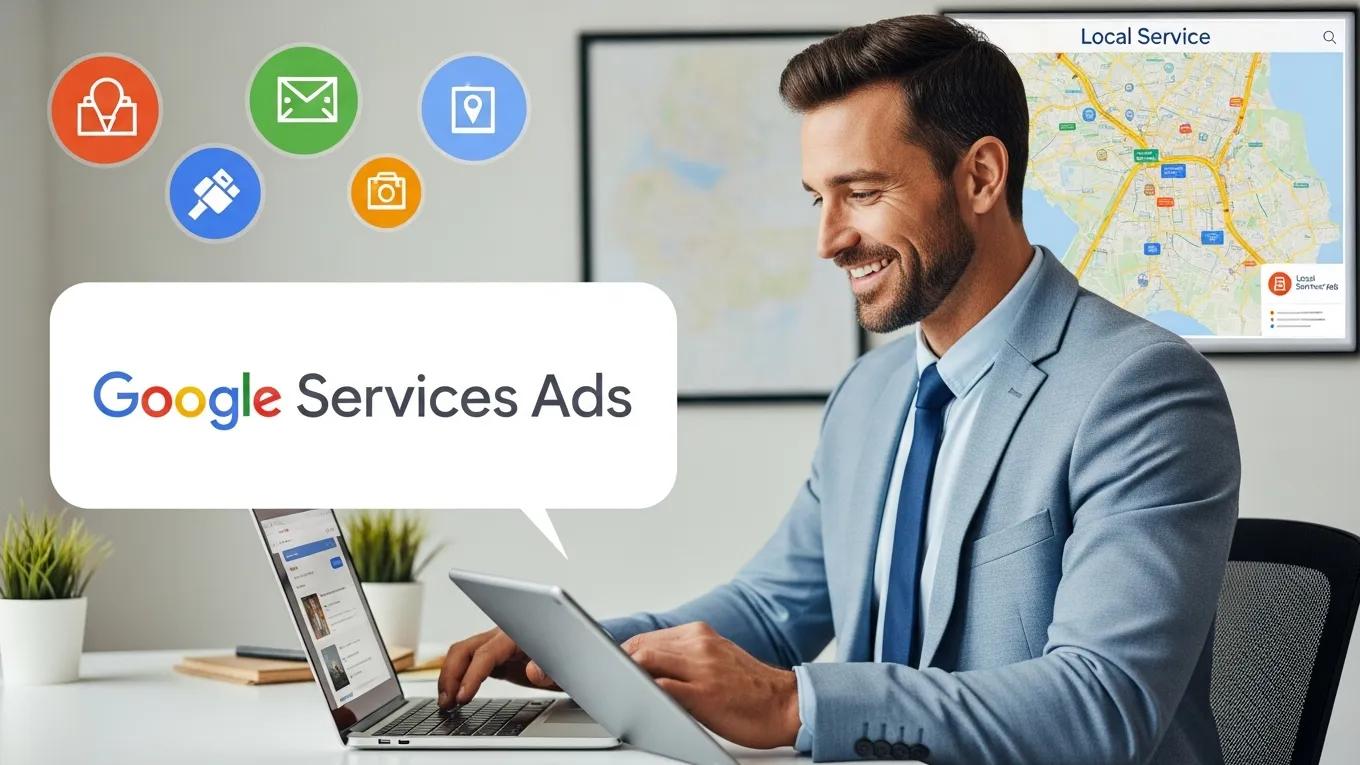 Business owner reviewing Google Services Ads on a laptop in a modern office, with local service map and digital marketing icons displayed.