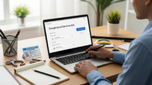 Business owner setting up Google Local Services Ads on a laptop in a home office