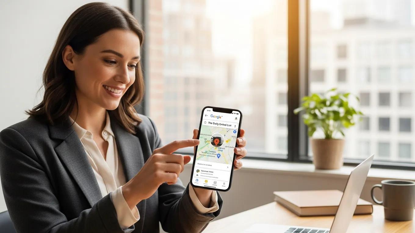 Business owner using Google Maps app on smartphone to manage Google Business Profile, enhancing online visibility and customer engagement.