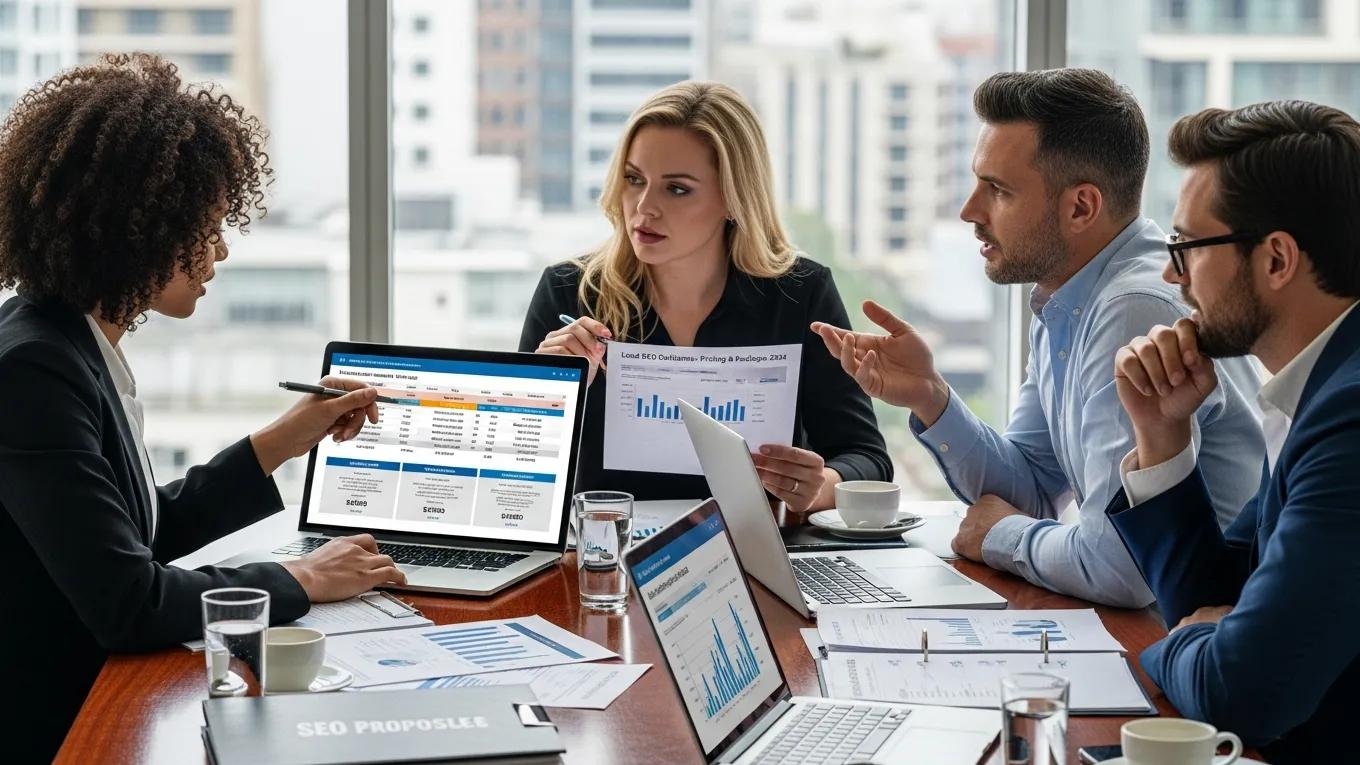 Business owners collaboratively assessing local SEO pricing and service options