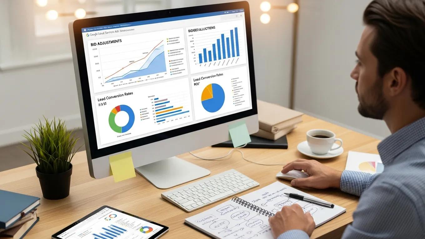 Business professional analyzing Google Local Services Ads bidding strategies on computer screen, featuring graphs and data visualizations, with notepad and coffee cup on desk.