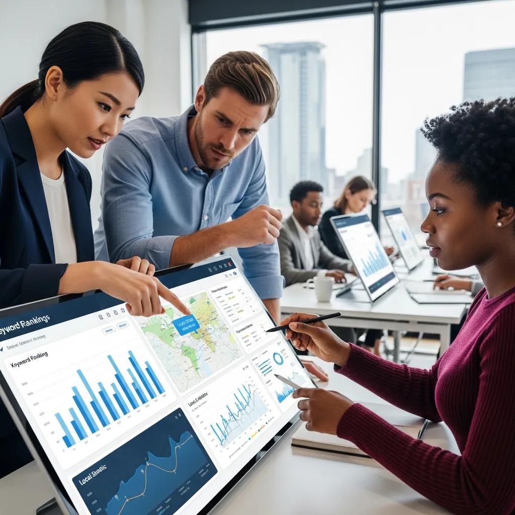 Business team analyzing local SEO performance data on a digital dashboard