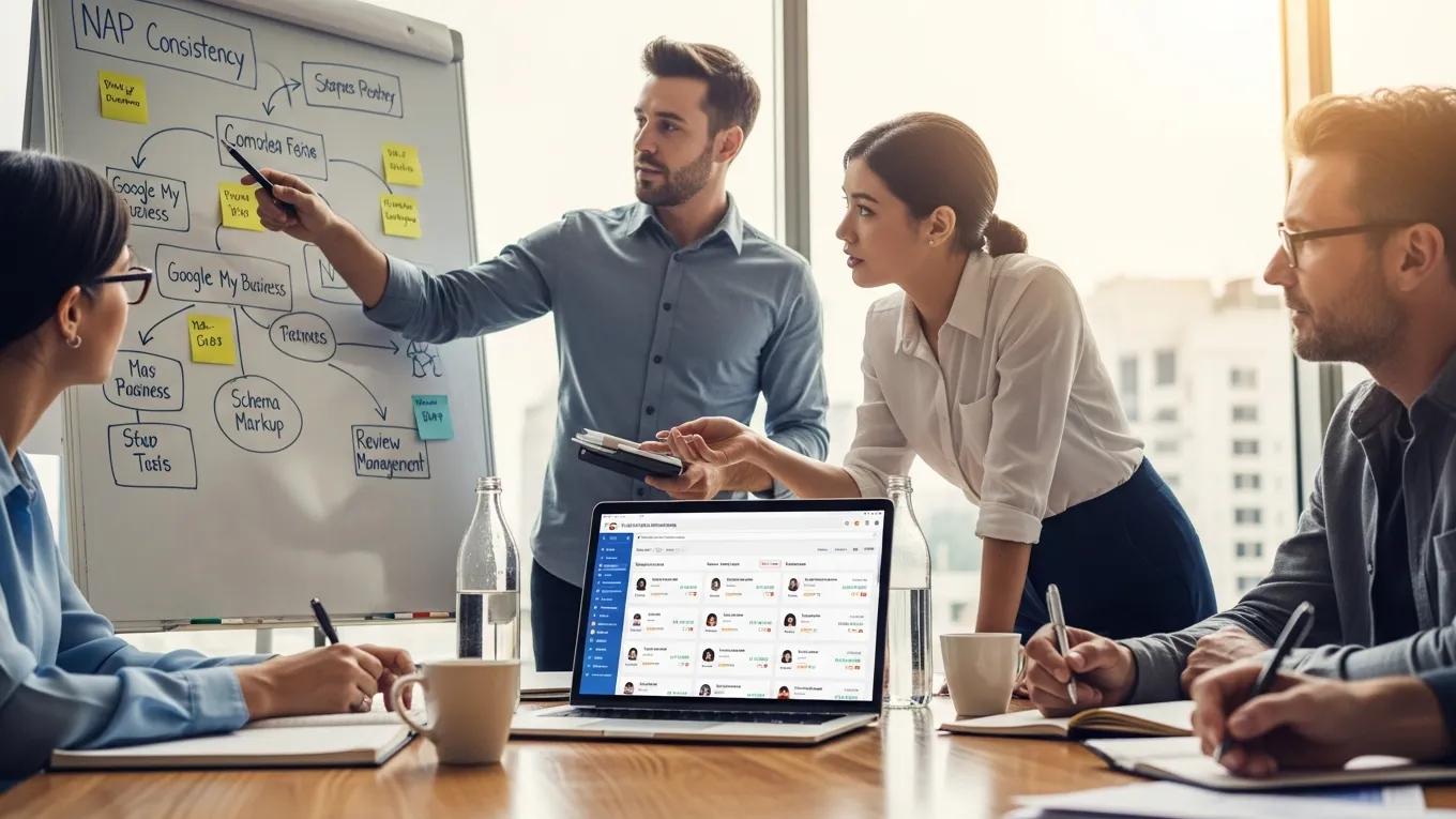 Business team strategizing on preventing duplicate local listings, discussing NAP consistency, with a laptop displaying online listings management software, in a modern meeting room.
