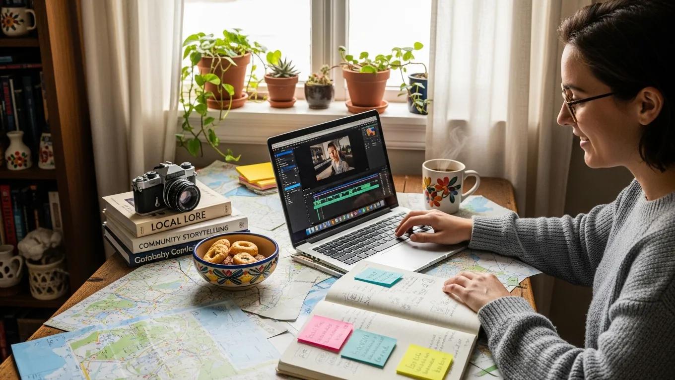 Person developing localized content on a laptop surrounded by maps, books on community storytelling, a camera, and notes, emphasizing engagement and local SEO strategies.