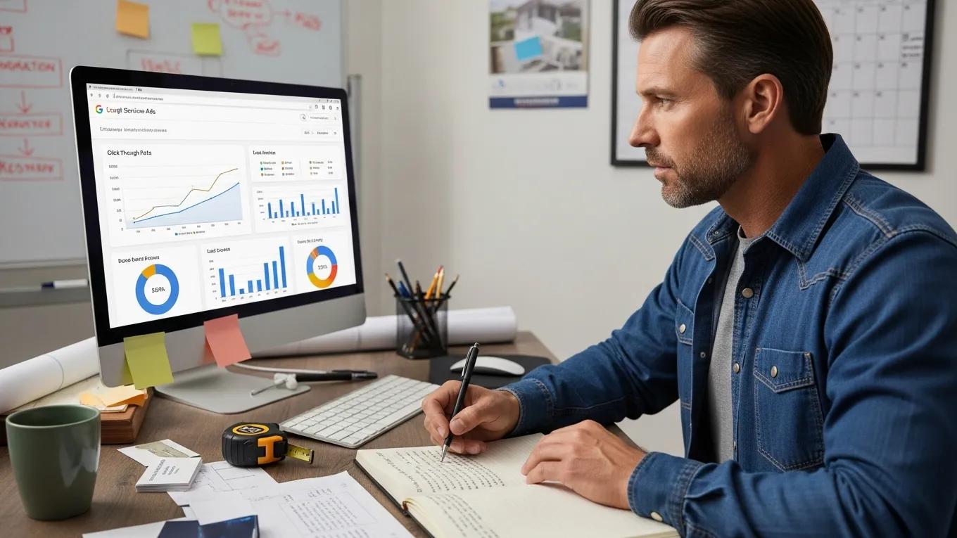 Contractor analyzing ROI metrics from Google Local Services Ads using a computer screen