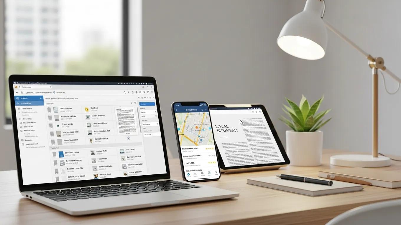 Laptop and smartphone displaying citation management tools in a modern workspace, emphasizing local business visibility and citation building strategies.
