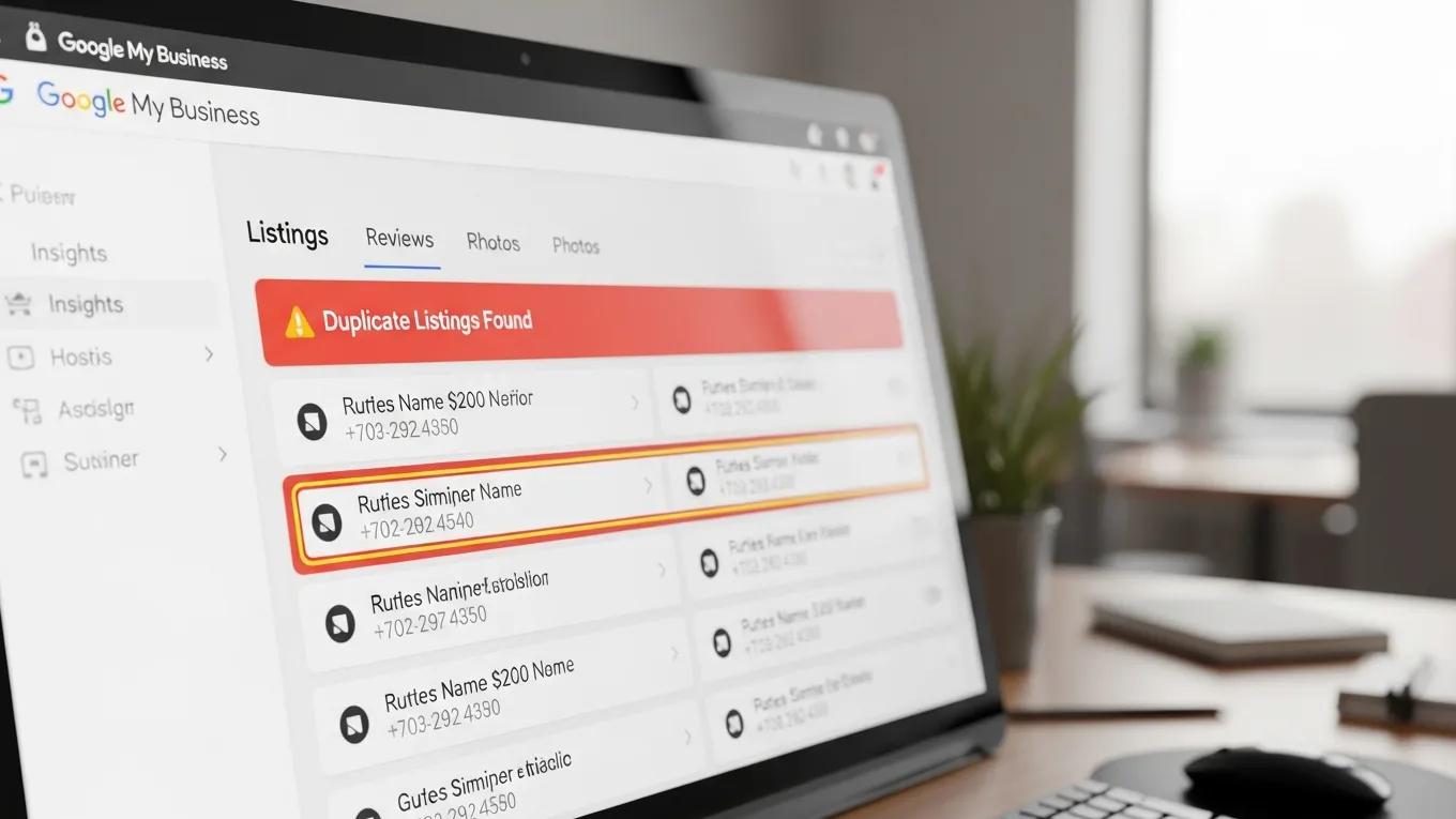 Google My Business dashboard displaying duplicate listings alert, highlighting "Ruties Simpler Name" among other entries, emphasizing the importance of managing local business information for SEO.